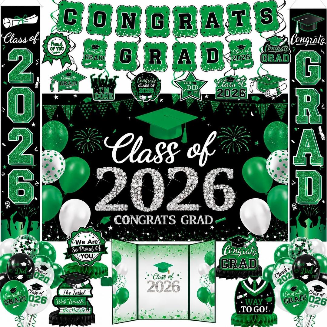 Graduation Decorations Class of 2026, Green Graduation Decorations Set, Banner & Backdrop, Porch Sign, Hanging Swirls, Balloons, Honeycomb Centerpieces, Graduation Guest Book for Congrats Grad Party