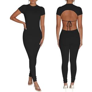 Bodycon Jumpsuits for Women Sexy Backless Short Sleeve High Waisted One Piece Outfits Skinny Catsuits (Small, Black)