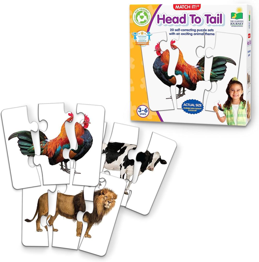 The Learning Journey: Match It! Head to Tail - 20 Self-Correcting Animal-Themed Puzzle Sets - Matching Puzzles for Children Ages 3-6 Years (40 Pieces)