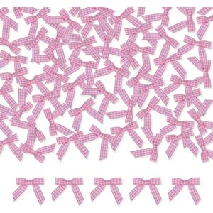 Meseey 100 Pcs 1.5 Inches Premade Gingham Craft Bows Self Adhesive Pink and White Plaid Satin Ribbon Bows for Treat Bags Gift Wrapping Basket Wedding Baby Shower Brithday Party(Pink and White Plaid)