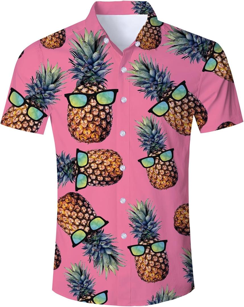 RAISEVERN Mens Hawaiian Shirt Casual Button Down Short Sleeve Tropical Beach Dress Shirt for Summer Holiday (Pink, M)