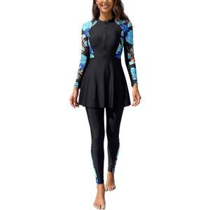 OBEEII Women Burkini Muslim Swimsuit Long Sleeve Tropical Print Rash Guard Bathing Suit Full Cover Modest Beachwear Wetsuit (Black, L)
