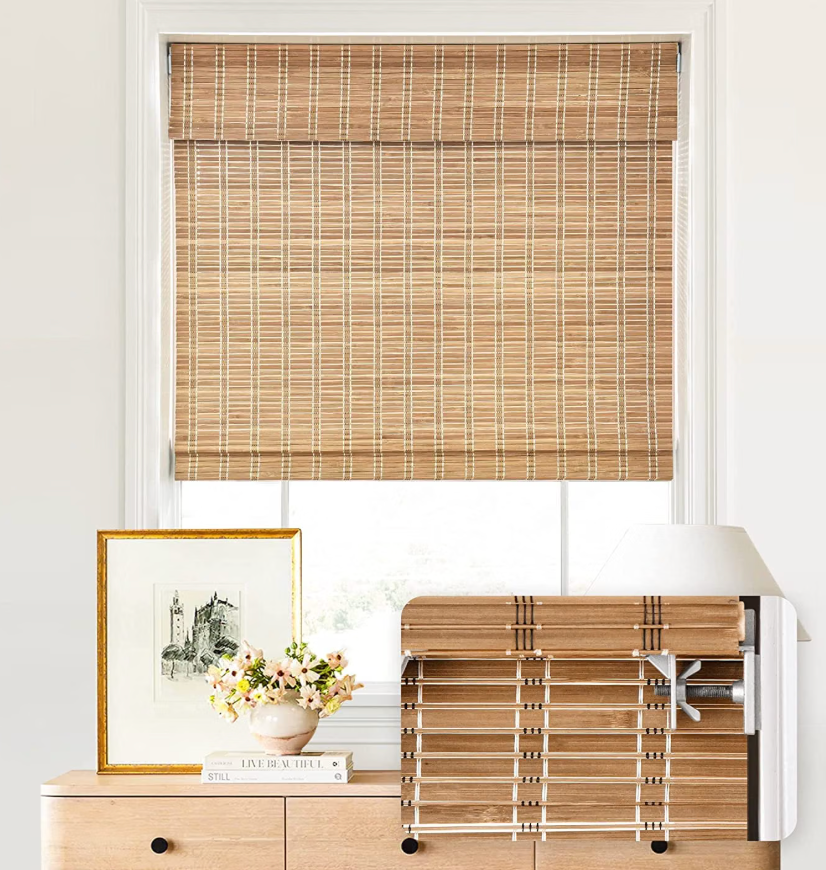 LazBlinds No Drill Cordless Bamboo Roman Shades, 22.5" W × 64" H, Brown