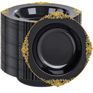 Joyido 100PCS Black Plastic Bowls - 12 oz Black Gold Disposable Salad Bowls - Heavy Duty Soup Serving Bowl - Fancy Plastic Candy Bowl for Weddings, Parties, Dinners, Catering, Picnics, Party
