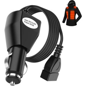 5V 2A/3A Heated Vest Jacket Wire Cigarette Lighter Cord Connection Cables Plug with 12 Volt Male Cigar Plug for Heated Apparel, Link Outdoor Mobile Power and Allowing for Near Endless Warmth(4.92ft)