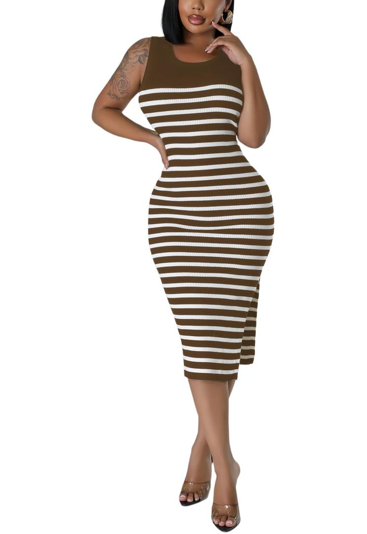 Women's Casual Sleeveless Tank Stretchy Striped Ribbed Knit Bodycon Slit Midi Round Neck Dresses Brown (Brown, S)