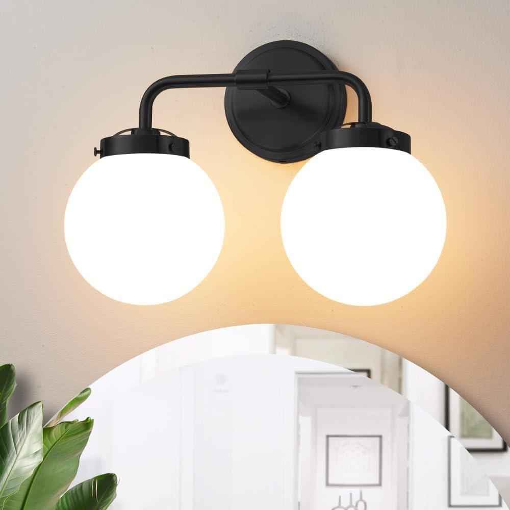 Black Bathroom Light Fixtures Over Mirror, Modern Vanity Lighting with Milk White Glass Globe Shades 2-Light Farmhouse Wall Sconce