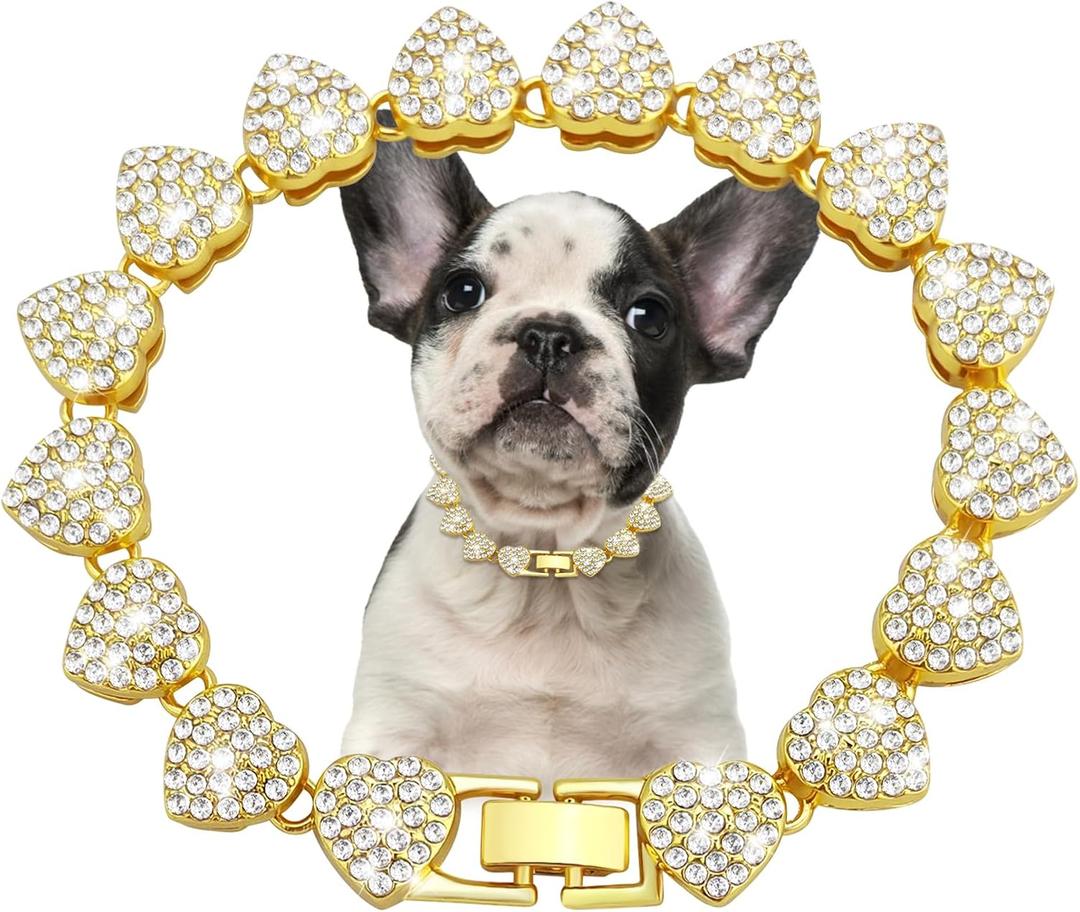 Glitter Metal Cuban Diamond Dog Chain Dog Training Chain with Secure Buckle Heart-Shaped Pet Collars for Large Medium Dogs (14in, Gold)