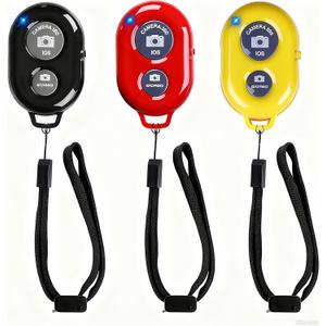 Wireless Remote Shutter for Cellphones and Tablets (3 Pack), AOQIYUE Wireless Remote for iPhone/Android Camera Control, Selfie Clicker for Photos and Videos - Wrist Strap Included (Black-red-yellow)