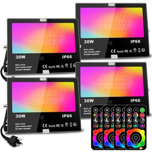 MELPO 30W Led Flood Light Outdoor 300W Equivalent, Color Changing RGB Lights with Remote, 120 RGB Colors, Warm White 2700K, Timing, Custom Mode, Uplight Landscape Lights,IP66 US 3-Plug (4 Pack)