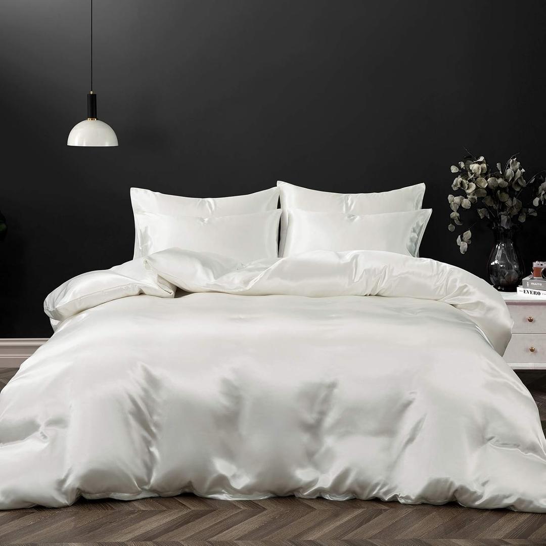 P Pothuiny 5 Pieces Satin Duvet Cover California King Size, Luxury Silky Like Ivory White Duvet Cover Bedding Set with Zipper Closure, 1 Duvet Cover + 4 Pillow Cases (No Comforter)