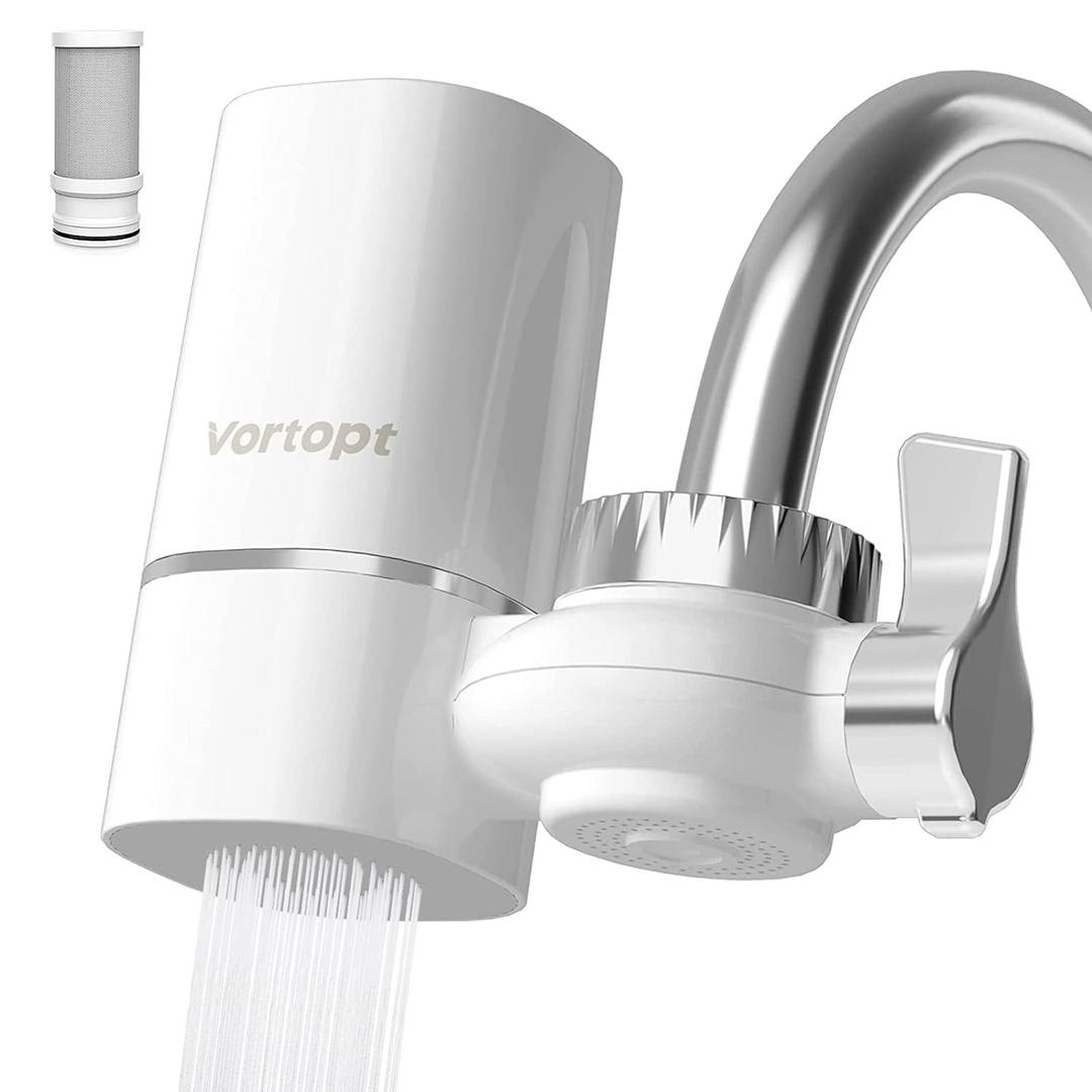 Vortopt Faucet Water Filter for Sink, Rapid Flow - 400 Gallons Faucet Mount Water Filtration System for Tap Water, NSF Certified Reduces Chlorine & Bad Taste with 1 Replacement (White-T1-1Filter)
