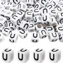 MIIIM 100pcs Pony Beads Letter U for Keychains Making, 6x6mm Large Hole Square Letter Beads for Bracelets Making, Alphabets, Numbers (White and Black)