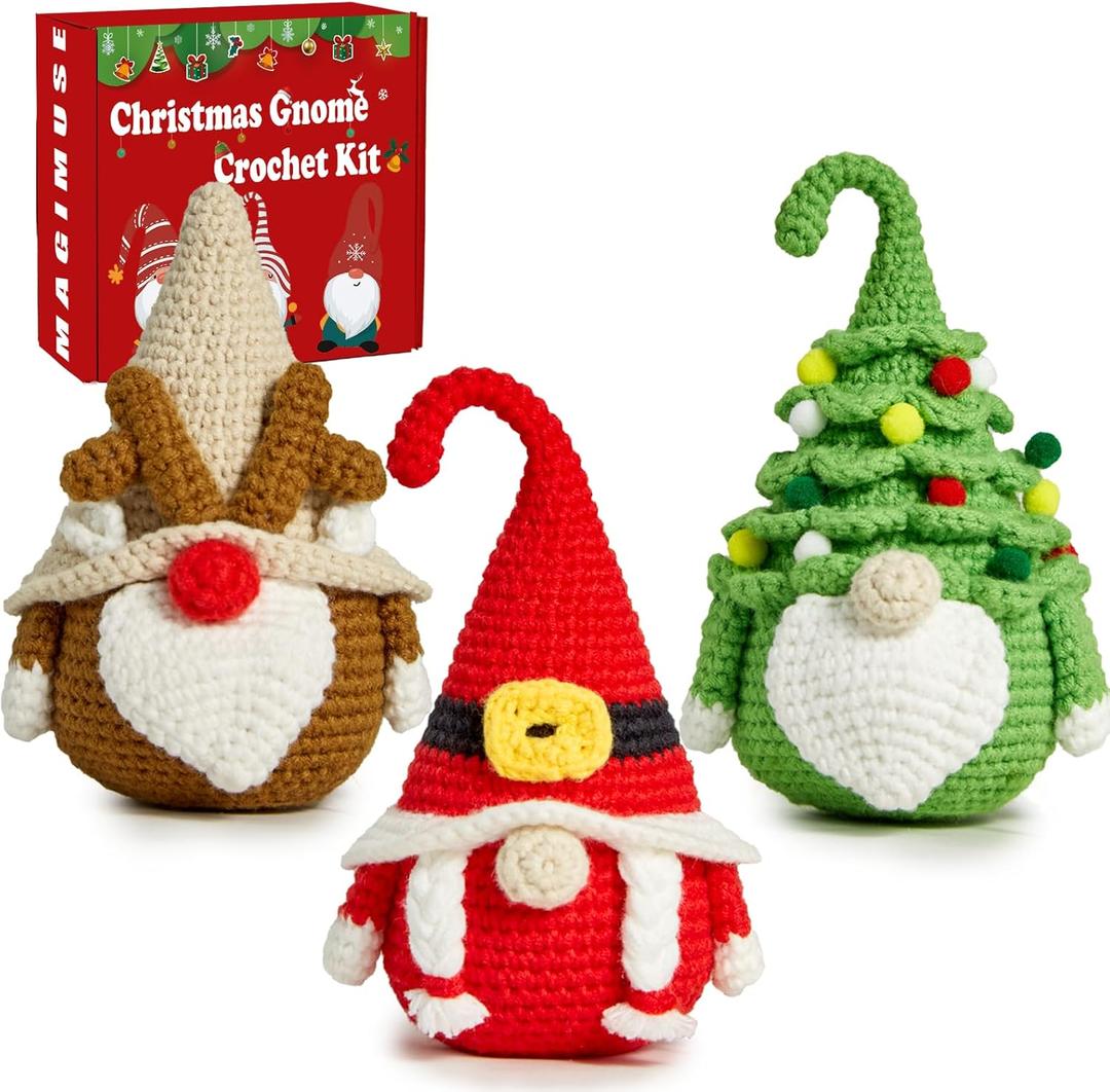 MAGIMUSE Christmas Crochet Kit for Beginners, Crochet Starter Kits for Adults Amigurumi Craft Knitting Crochet Animals Kits with Step-by-Step Video Tutorials, 3 Pack Gnome (40%+ Yarn)