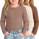 3 Pack Toddler Girls Long Sleeve Shirts Baby Ribbed Girls Layering Undershirts Crew Neck Basic Tee Slim Fit Tops 8-9Y