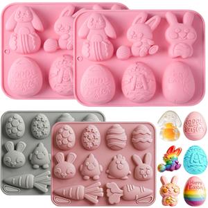 2 x 4 Pack Easter Chocolate Molds Silicone, Non-Stick Egg Shaped Silicone Mold Bunny Jello Mold Assorted Half-3D Cartoon Design for Baking Candy Gummy Soap Jelly Cookie & Easter Basket Stuffers