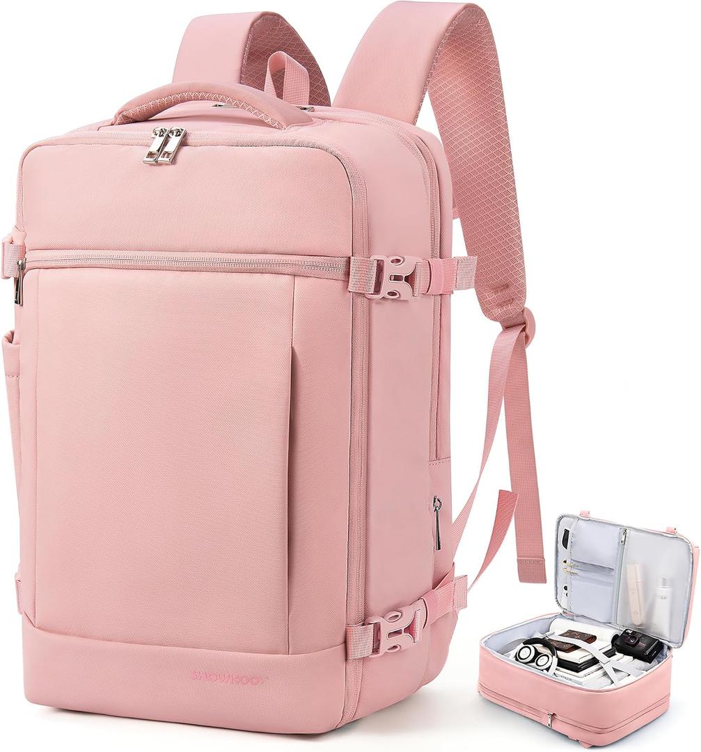 SHOWKOO Laptop Backpack for 17 Inch Laptop, 40L Expandable Large Capacity Backpack, TSA Carry On Travel Backpack with Padded Laptop Compartment, Water-Resistant College & Commuter Bag, Pink