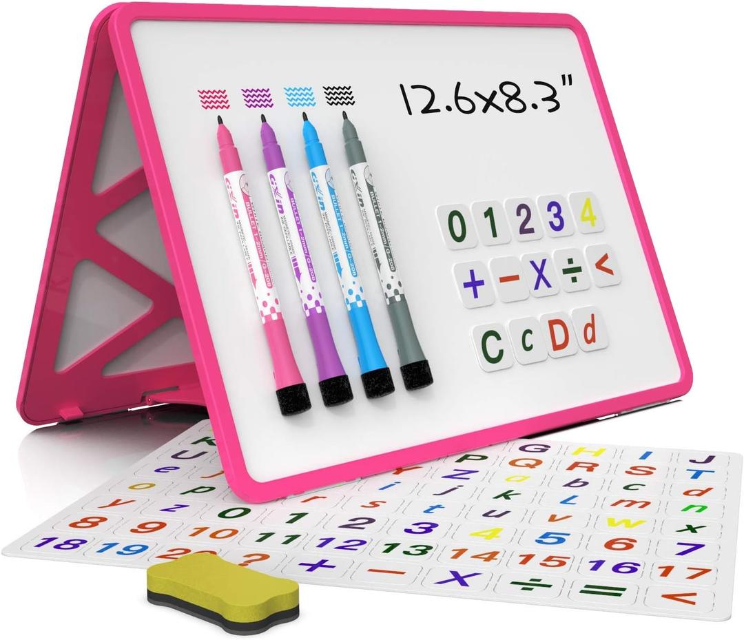 Small Dry Erase White Board with Stand, Double Sided Dry Erase Board for Kids, Foldable Small White Board Portable Mini Whiteboard with Lines & Holder for Home School Office (Pink)