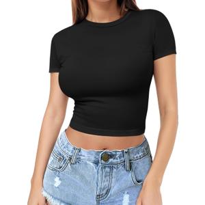 Womens Short Sleeve Crop Top Crew Neck Y2K Shirt Sexy Slim Fitted Casual Base Layer Soft Workout Shirt Going Out Tops (Medium, Black)