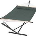 SUNCREAT Hammocks Extra Large Double Hammock with 12 ft Stand, 475lbs Capacity, Outdoor Portable Hammock with Hardwood Spreader Bar, Extra Large Pillow, Gray Green