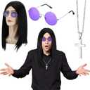 Highergo 3 Pcs Mens 80's Rock Costume Wig with Purple Round Hippie Glasses Cross Pendant Necklace 80s Hip Hop Rock Cosplay Costume Accessories for Men Halloween Cosplay Party Accessories