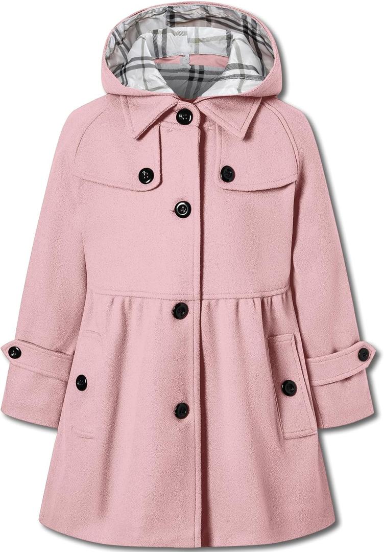Betusline Girls' Dress Coat, Kids Hoodie Wool Blend Coats Fall Winter Outerwear Peacoat, Size 120