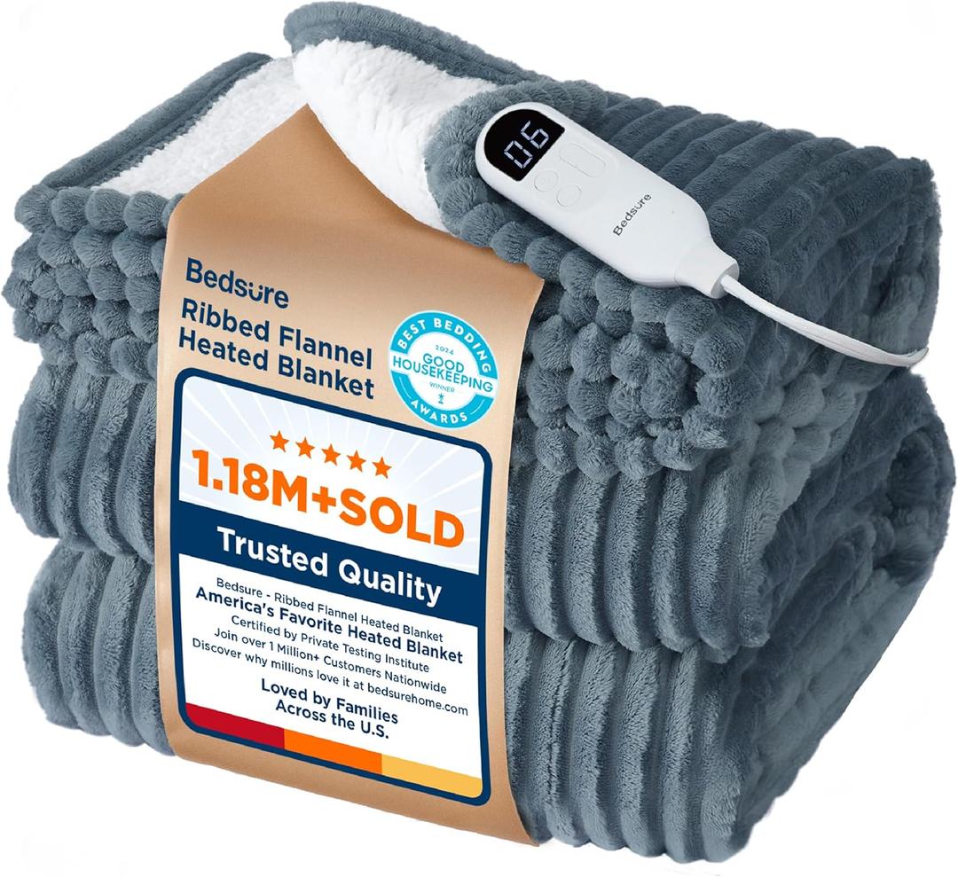 Bedsure GentleSoft Electric Blanket Full Size - Soft Ribbed Flannel Heated Blanket, Heating with 6 Time Settings (Up to 10H), 6 Heat Settings & 8Hr Timer Auto Off, Gifts for Grandma (72"x84", Grey)