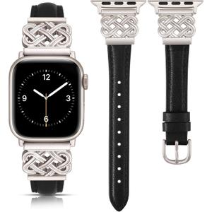 TOYOUTHS Leather Band Compatible with Apple Watch Bands Women 38/40/41/42mm Dressy Slim Thin Leather Strap with Designer Interlock Buckle for iWatch Series 10/9/SE/8/7/6/5/4/3/2/1, Black+Starlight