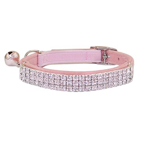 THAIN Rhinestones Cat Dog Collar Soft Velvet Safe Adjustable Collar Bling Diamante with Bells, 8-11 inch for Small Dogs and Cats (Pink)