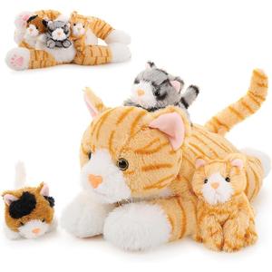 Muiteiur 4 Piece Cat Stuffed Animals, 15.7 inch Mom Plush Cat with 3 Kittens Stuffed in Zipper Pouch, Cute Yellow Mom and Baby Stuffed Cats for Kids Girls Boys (Yellow Cat)