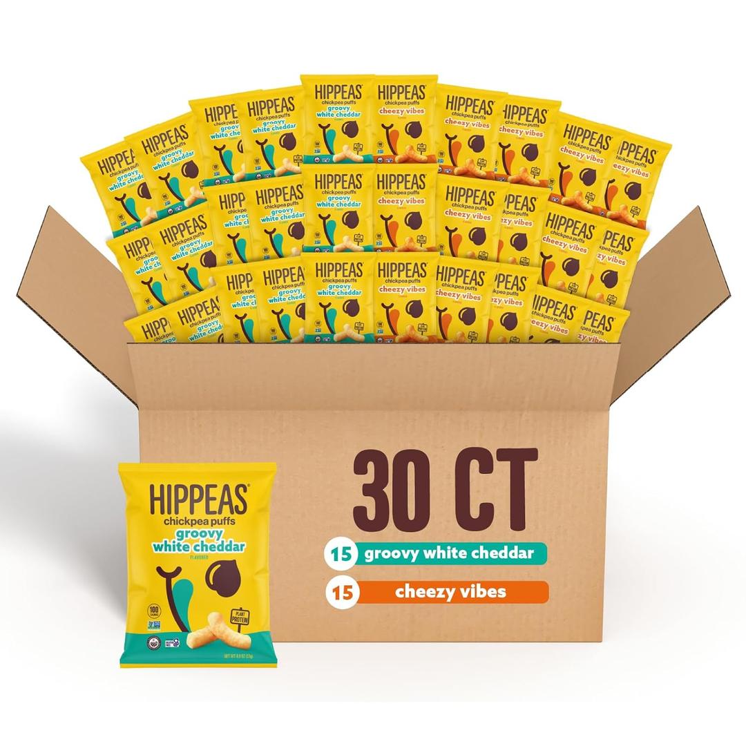Hippeas Chickpea Puffs, Variety Pack: Vegan White Cheddar, Nacho Vibes, 0.8 Ounce (Pack of 30), 3g Protein, 2g Fiber, Vegan, Gluten-Free, Crunchy, Plant Protein Snacks, Best By: Feb.16,2025