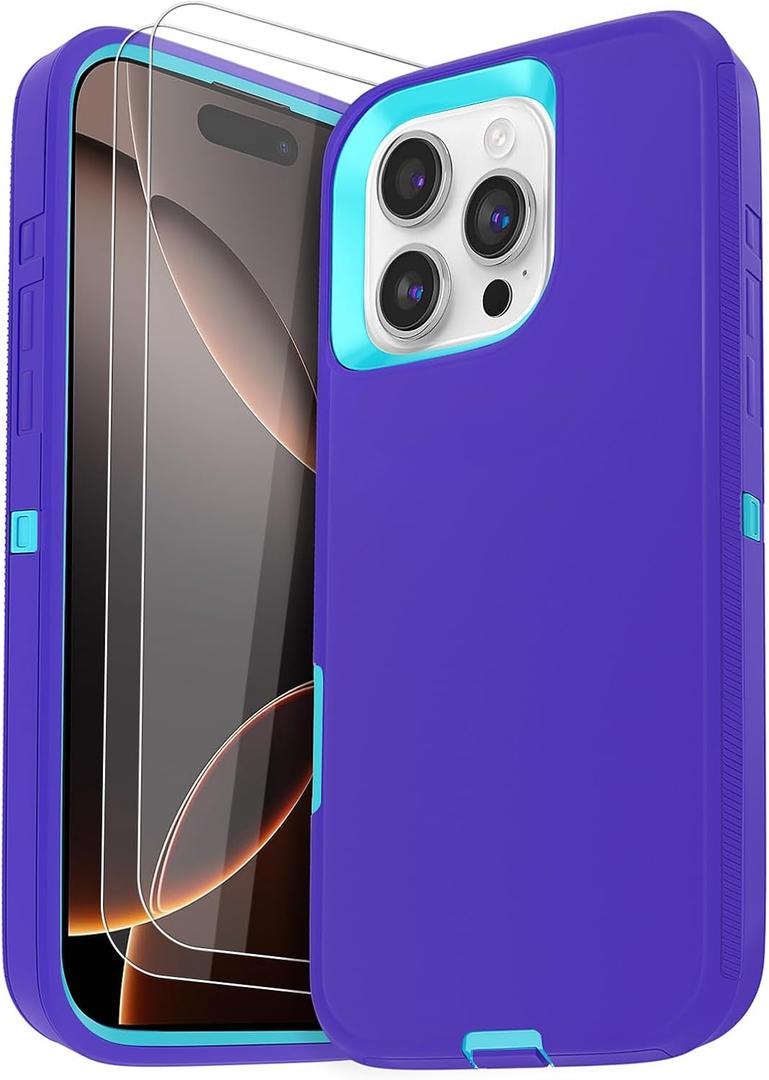 for iPhone 16 Pro Max Case (6.9"), with 2 Tempered Glass Screen Protector [Heavy Duty Military-Grade Full Body Drop Protection] Shockproof Tough Durable 6.9 Inch(PurpleBlue)