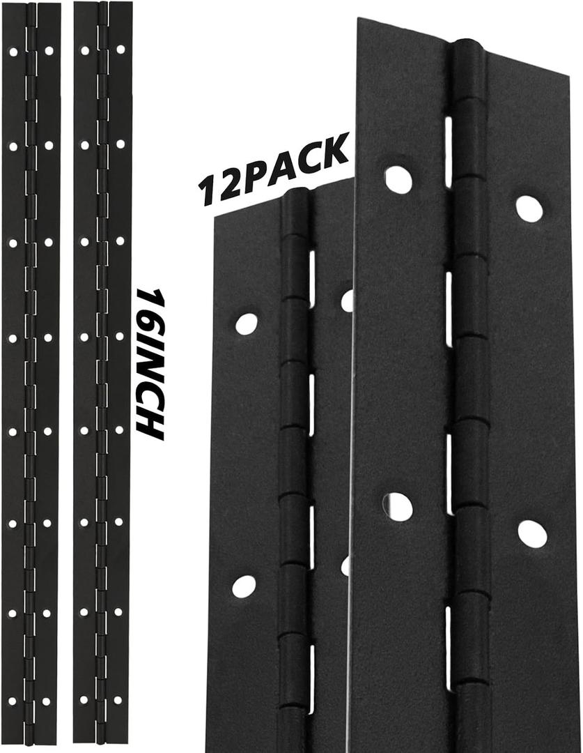 12PCS Black Continuous & Piano Hinge 16Inch, Heavy Duty 304 Stainless Steel Piano Hinge Hinges with Holes, 0.04Inch Thickness Coutinuous Hinges for Cabinet Door Cases Woodworking