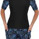 Tournesol Women's Two Piece Rash Guard Short Sleeve Swim Shirts UPF 50+ Built in Bra Swimsuit with Boyshorts with Pockets (XX-Large, Black Blue Flower)