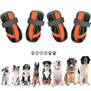 PETQYS Dog Shoes, Mesh Breathable Dog Boots for Walking Running Hiking, Soft Non-Slip Rugged Rubber Sole Dog Booties with Adjustable Straps 4Pcs, Orange-Size3