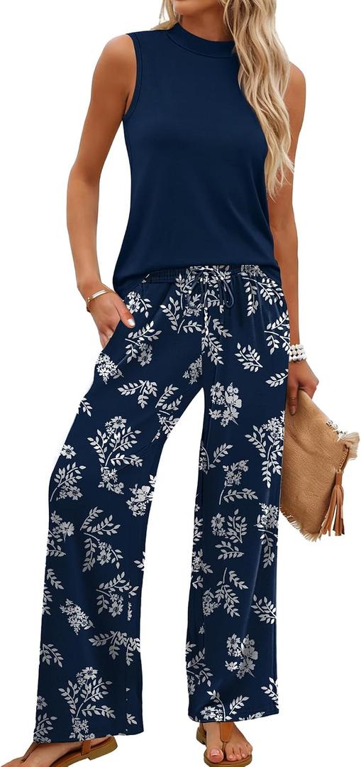 WIHOLL Two Piece Set for Women Summer Spring Outfits Cruise Travel Airport Beach Vacation Mock Neck Wide Leg Pants Set (Blue, S)