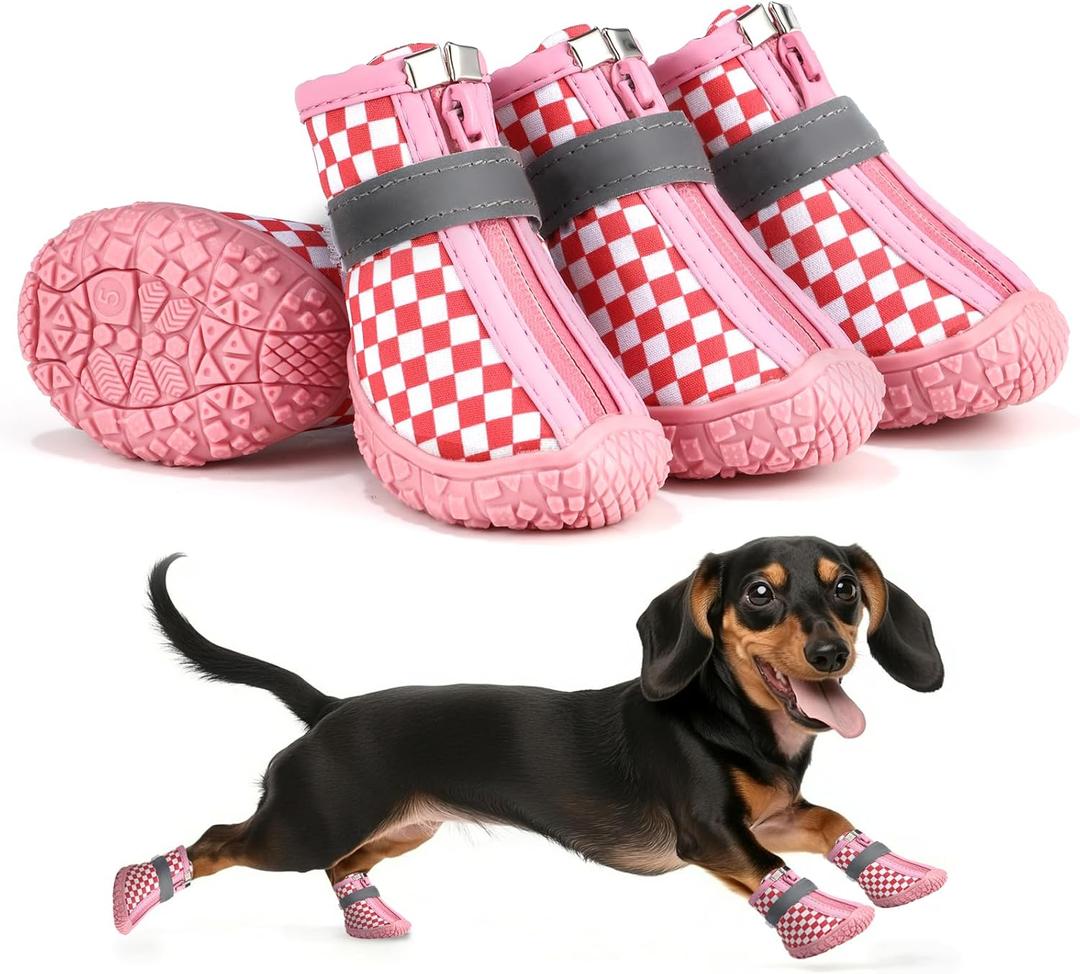 Small Dog Shoes, Waterproof Puppy Boots & Paw Protectors for Winter Snow, Summer Hot Pavement, Dog Booties with Anti-Slip Rubber Soles for Hardwood Floors Red & White Size 5
