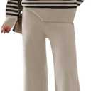 ETCYY NEW Womens Elegant Lounge Sets Knitted Sweatsuit Sets 2 Piece Outfits with Sweater Tops and Wide Leg Sweatpants (Small, 115striped Khaki)