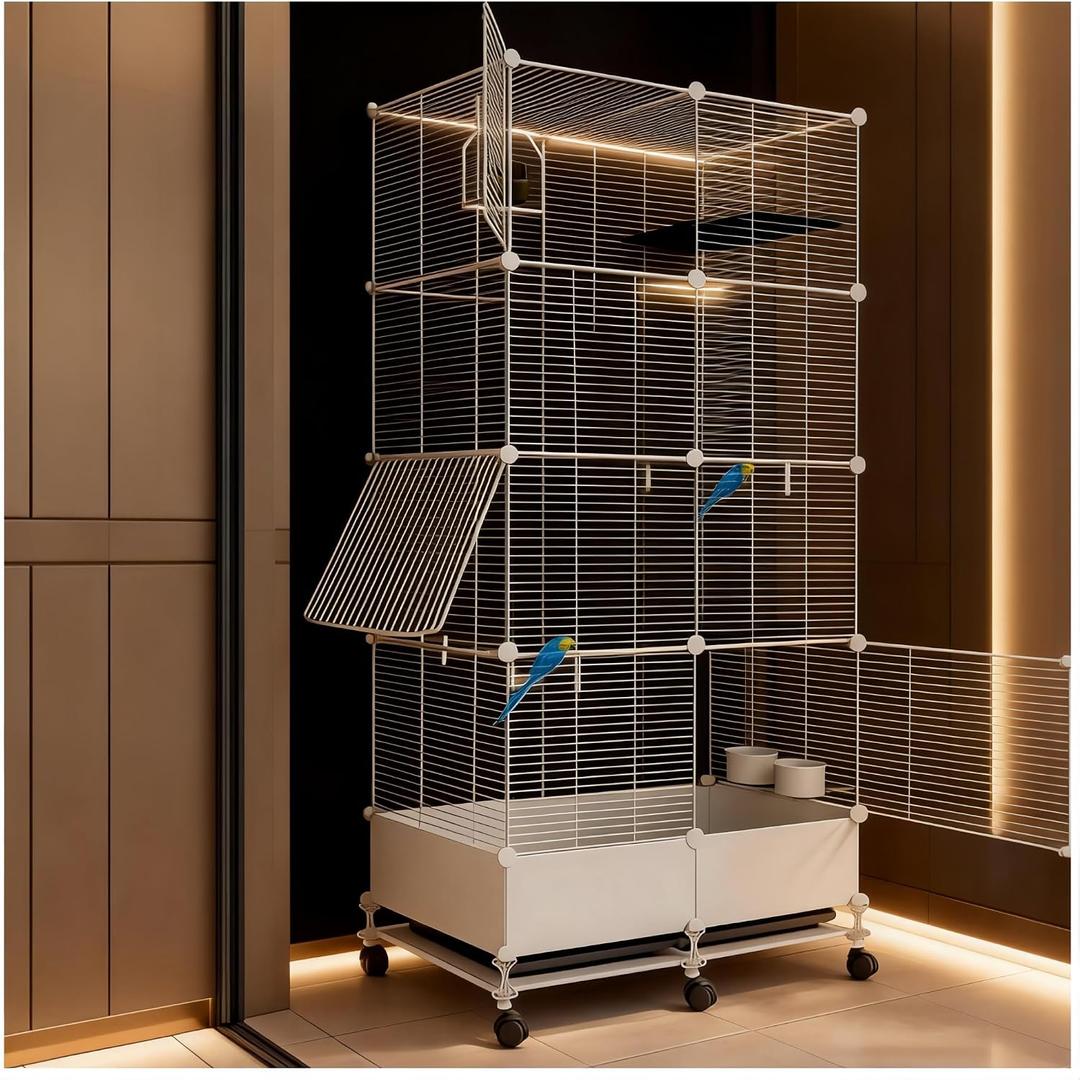 69in Large Forged Steel Birdcage, Comes with Bird Nest, Ladder, Hammock, Feeder, etc. Equipped with Wheels for Outdoor Mobility, Suitable for Parrots, Pigeons, Canaries (White, 29.2" Lx14.6 Wx69 H)