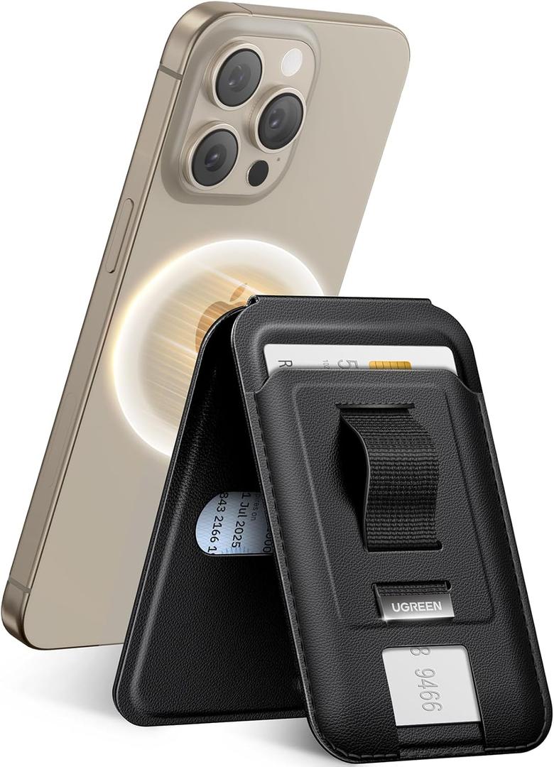 UGREEN for Magsafe Wallet, Magnetic Phone Wallet Compatible with iPhone with Finger Loop Grip, Adjustable Stand Compatible with iPhone 17 16 15 14 13 12 Series (Mini Not Included), Black