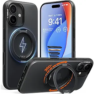 TORRAS 360 Magnetic Stand for iPhone 17 Case, [Rotatable Sturdy Kickstand][Fit for MagSafe][4X MilGrade Shockproof] Slim Translucent Phone Cover, Camera Button, Obsidian Black, Ostand O3 Fitness