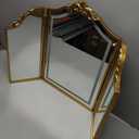 HSDDHOME Antique Gold Triple Fold Makeup Mirror with Tri-Color LED Lighting & Dimming, Baroque Carved Arch Vintage Vanity Mirror, Bohemian Decor for Bedroom/Dressing Room, 31x23 Inch
