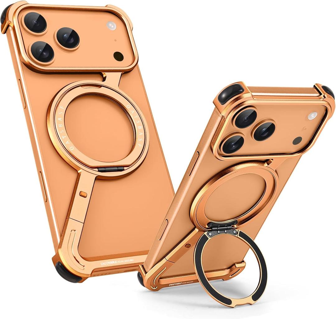 OATSBASF Minimalist Phone Case for iPhone 17 Pro Max Case, 360 Rotation Kickstand Aluminum Metal Frameless Design Bumper Z Case, Protective Shock Grade Shell, Orange