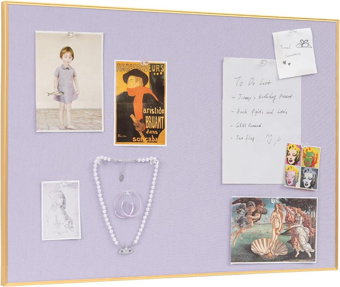 Lightomorrow Bulletin Board 30 x 20 inches, Light Lavender Pin Board, Golden Aluminum Framed Fabric Cork Board with 10 Push Pins