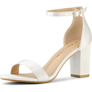 Allegra K Women's Satin Open Toe Ankle Strap Chunky Heels Sandals (6.5, White)