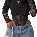 acelyn Sexy Lace Bodysuit Casual Cropped Tee Tops for Women See Through Club Outfits for Night Out Party, Small Short