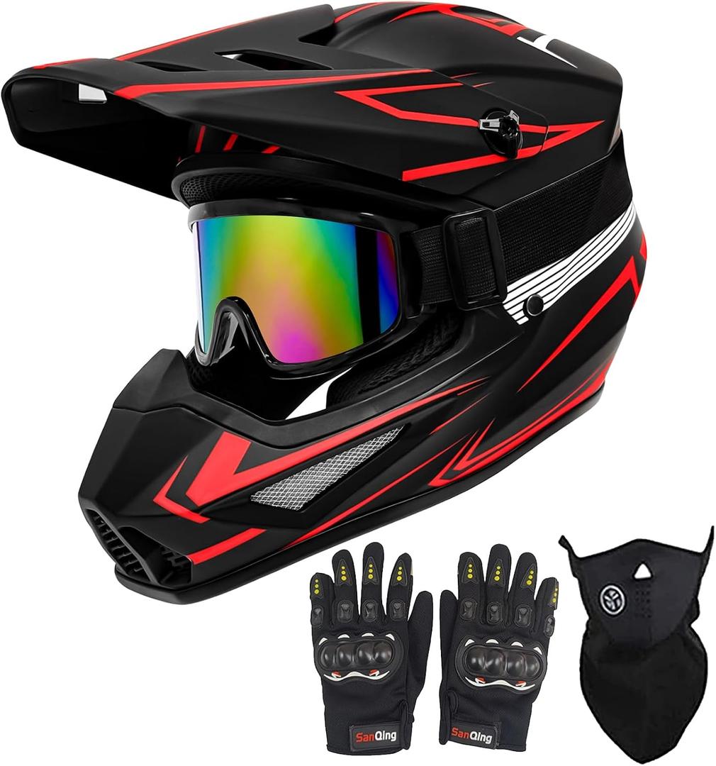 Youth Motorcross Helmet, Kids Dirt Bike Helmets, Motorcycle Helmets Off-Road Mountain Bike BMX MX ATV Helmet with(Gloves Goggles Mask) 4Pcs Set - DOT Approved (B-Red, Large)