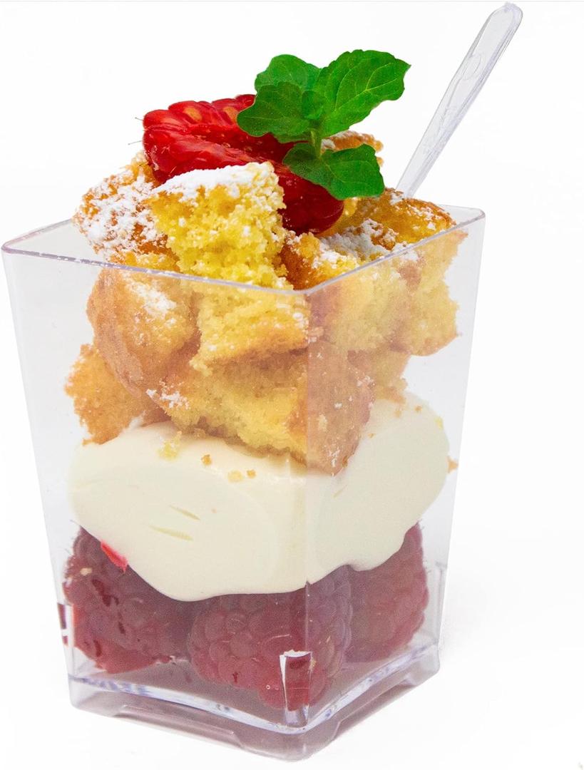 50 Pack 4 oz. Square Small Plastic Dessert Cup With Spoons Hermes Professional-Grade Recyclable Transparent Disposable Party Cup for Parfait Desserts, Appetizers, and Events CMJJ