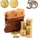 50 PCS Gold Coins & PU Leather Bag, DND Metal Coins, Fantasy Coins Treasure for Board Games, Fake Coins As Game Tokens for Dungeons & Dragons, Tabletop TTRPG Games Medieval Retro Accessories Addons