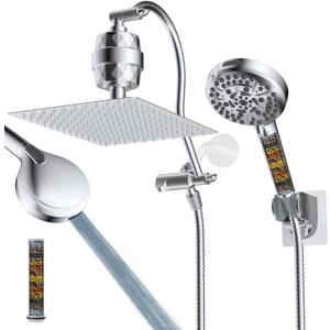 Hibbent All Metal 12'' Dual Filtered Rainfall Shower Head Combo, High Pressure Handheld Shower Head with 12'' Adjustable Curved Extension Arm, 20 Stage Shower Filter, 10-spray, 71'' Hose, Chrome